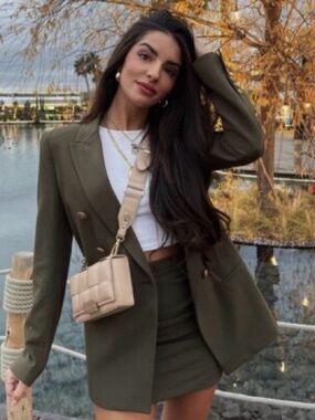 Zara Olive Green Double-Breasted Blazer Jacket - Women's Tailored Coat